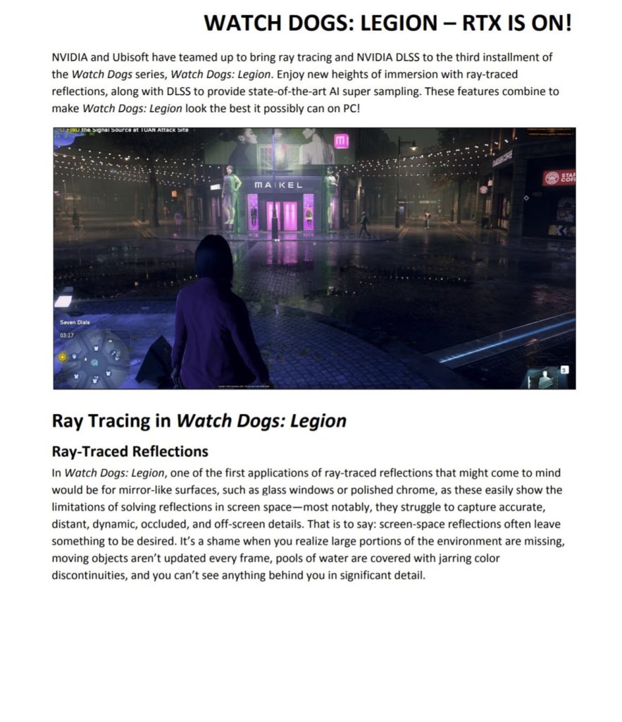 Watch Dogs Legion NVIDIA Ray Tracing Information from the reviewers guide