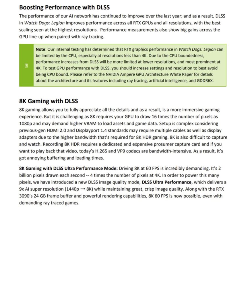 Watch Dogs Legion NVIDIA DLSS Information from the reviewers guide