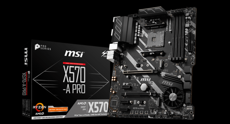 MSI X570-A PRO Motherboard and Box on Black Background