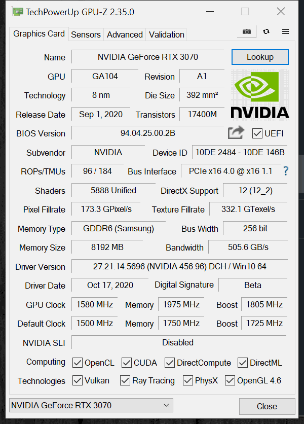 NVIDIA GeForce RTX 3070 FE Overclocking GPUz Overclocked Specs