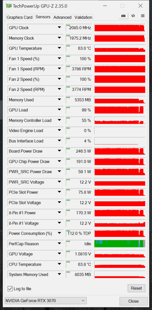NVIDIA GeForce RTX 3070 FE Overclocking GPUz Overclocked Sensor Data