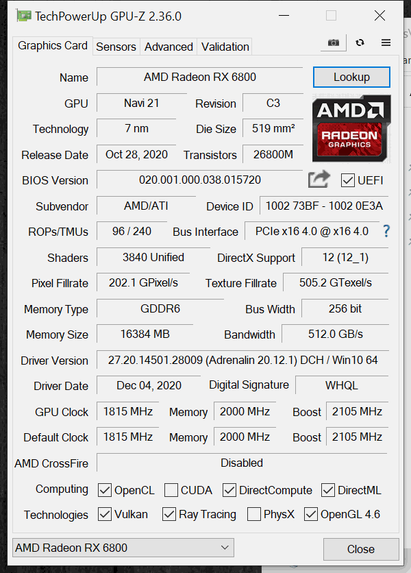 AMD Radeon RX 6800 Default GPUz