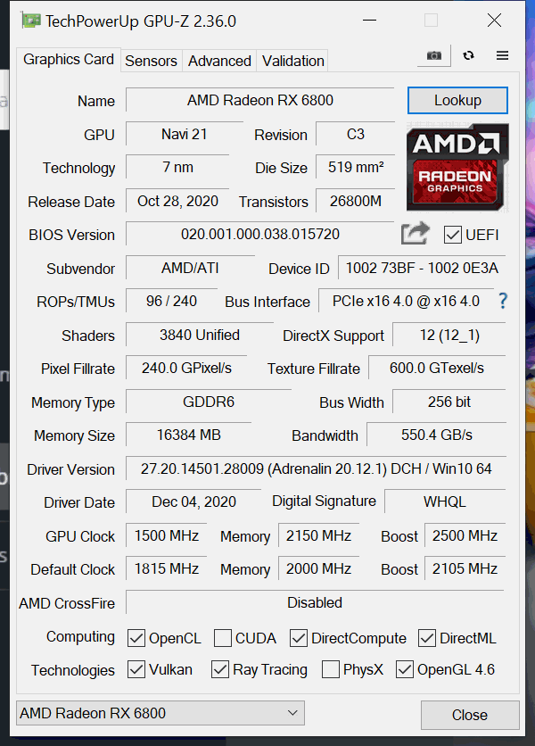 AMD Radeon RX 6800 Overclocked GPUz