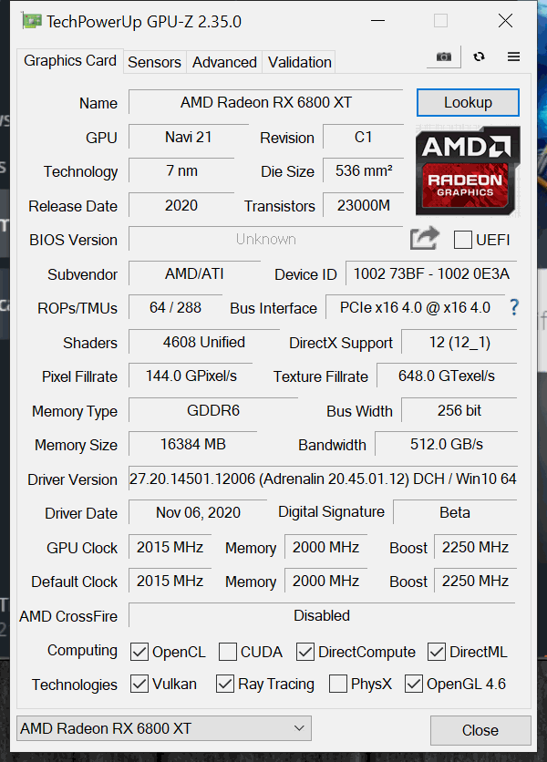AMD Radeon RX 6800 XT Overclocking GPUz Default
