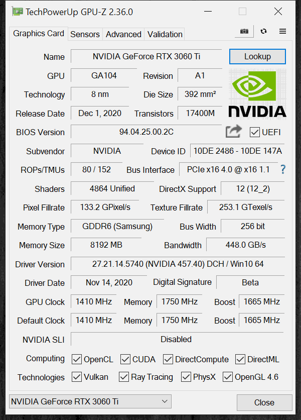 NVIDIA GeForce RTX 3060 Ti FE Default GPUz