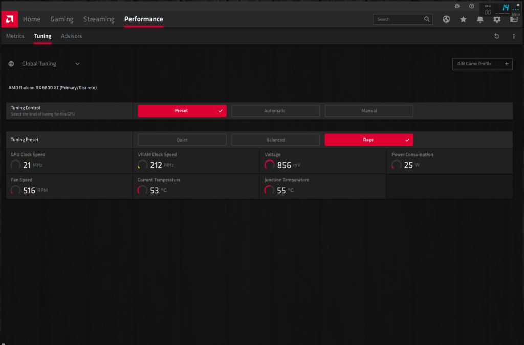 AMD Radeon Software App Performance Tuning Preset Rage Mode Preset Screenshot