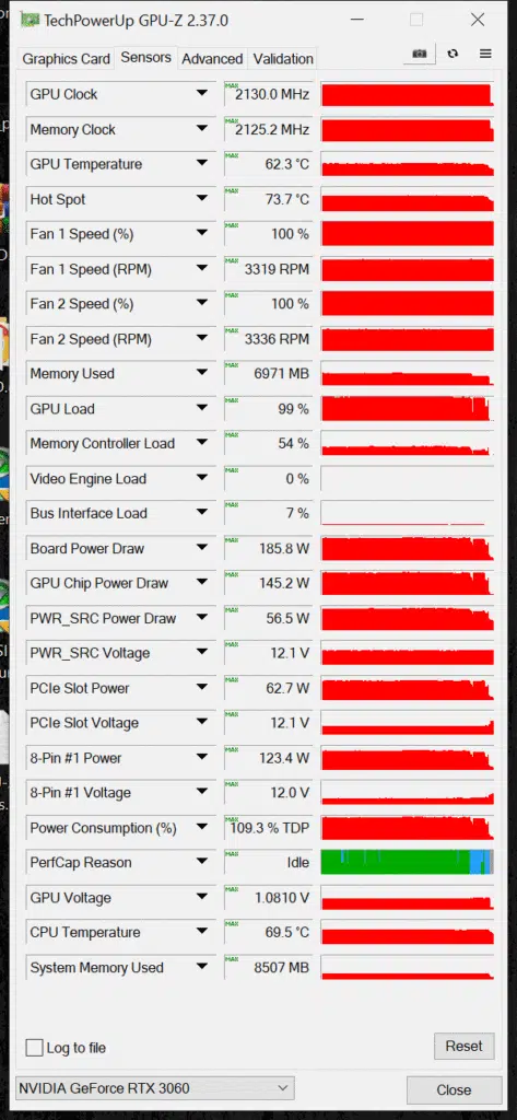 Overclocked EVGA GeForce RTX 3060 XC BLACK GAMING GPUz Sensor Data