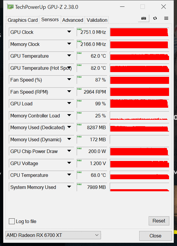 AMD Radeon RX 6700 XT Overclocked GPUz Sensor Data