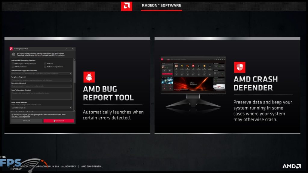 AMD Radeon Software Adrenalin 21.4.1 AMD Radeon Software Reliability Presentation Slide AMD Bug Report AMD Crash Defender