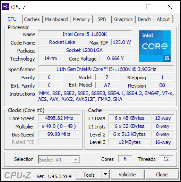 Intel Core i5-11600K CPU CPUz