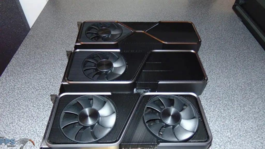 NVIDIA GeForce RTX 3070 Ti Founders Edition side by side with nvidia geforce rtx 3080 founders edition video card and nvidia geforce rtx 3070 founders edition video card