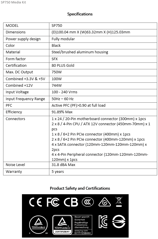 Lian Li SP750 Media Kit Specification Information