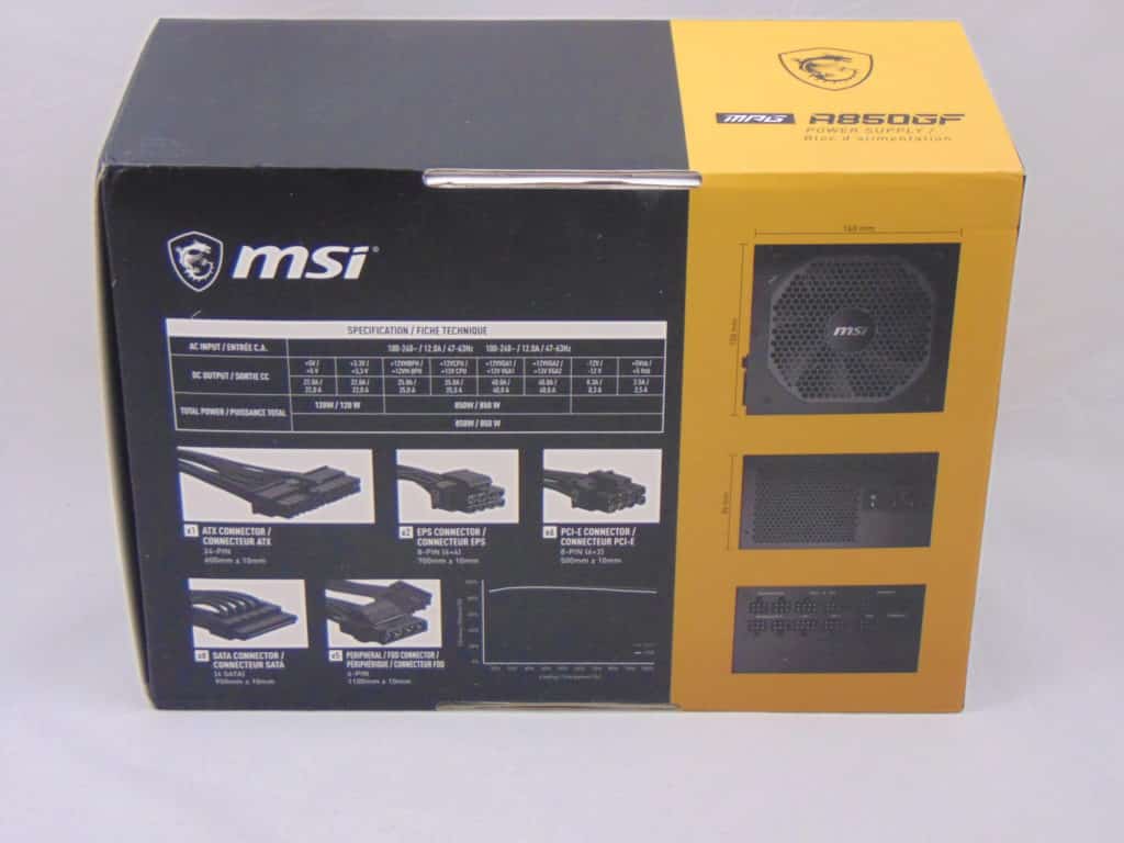 MSI A850GF 850W Power Supply box back
