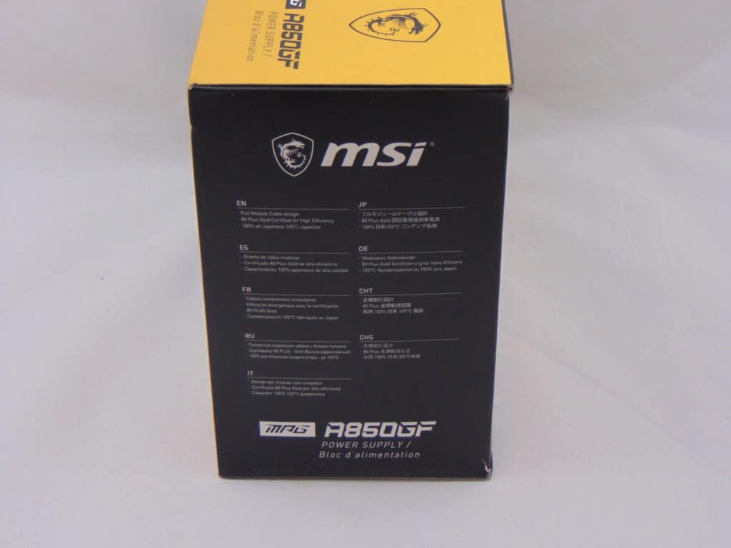 MSI A850GF 850W Power Supply box side