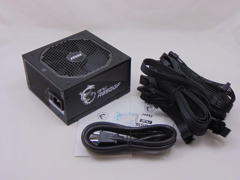 MSI A850GF 850W Power Supply box contents