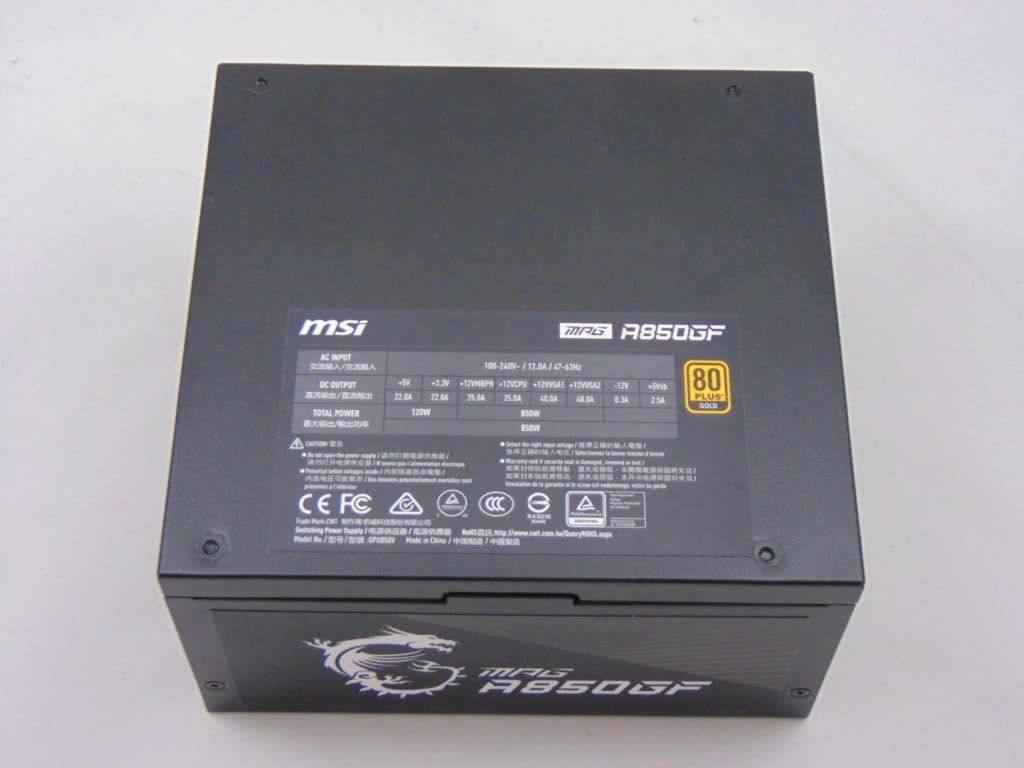 MSI A850GF 850W Power Supply top view