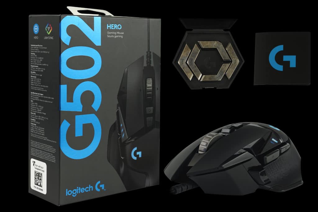 G502 Hero Box, mouse, weights, card