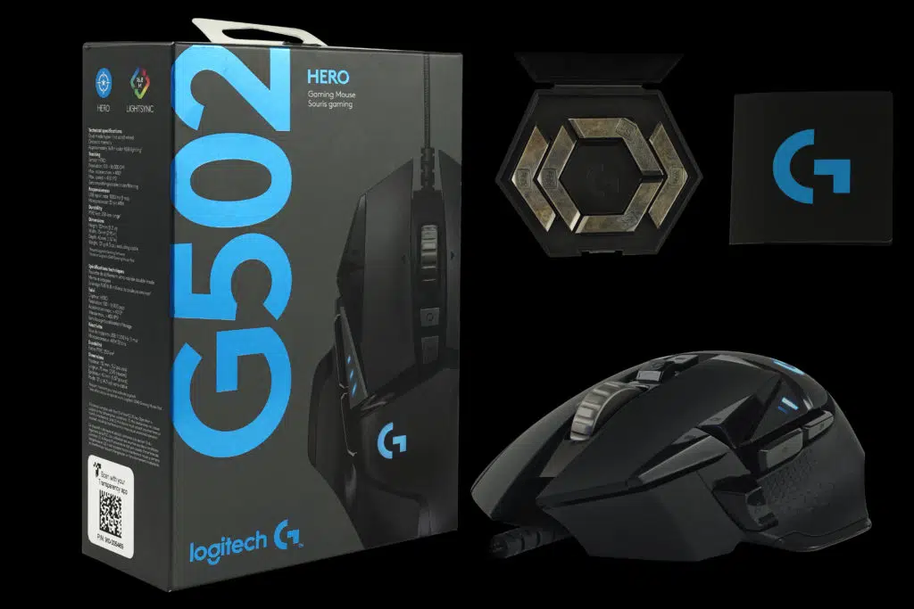 G502 Hero Box, mouse, weights, card