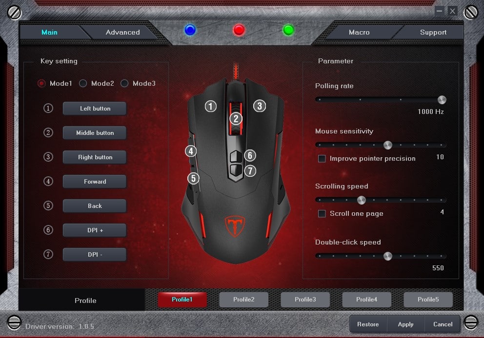 PICTEK T7 Wired Gaming Mouse Driver Software Main Tab