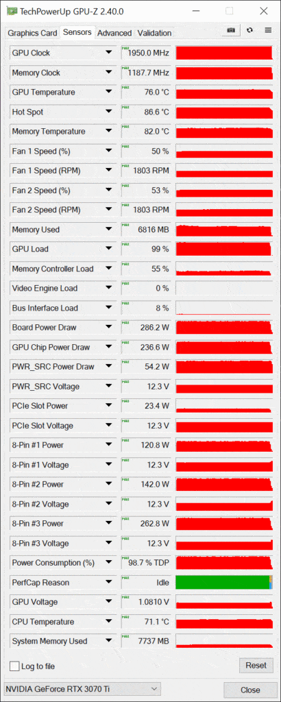 NVIDIA GeForce RTX 3070 Ti Founders Edition gpuz sensor data full load screenshot
