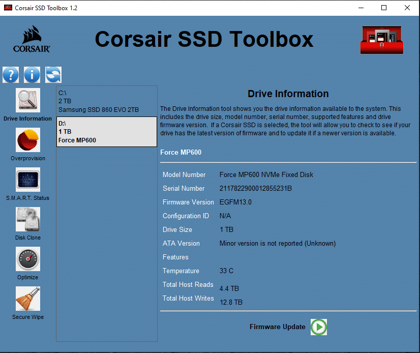 CORSAIR SSD Toolbox Drive Information