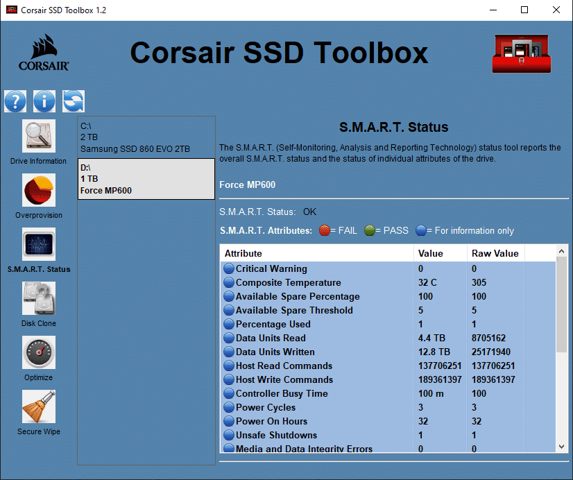 CORSAIR SSD Toolbox S.M.A.R.T. Status