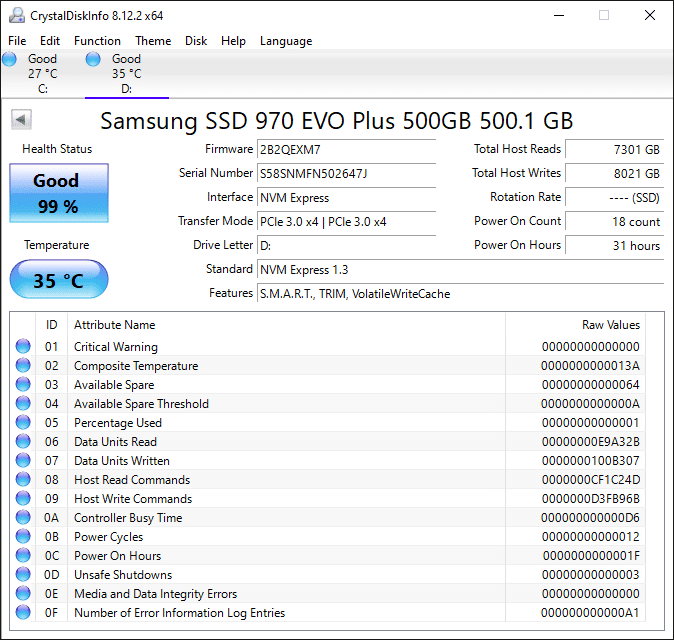 Samsung 970 EVO Plus NVMe M.2 SSD 500GB CrsystalDiskInfo