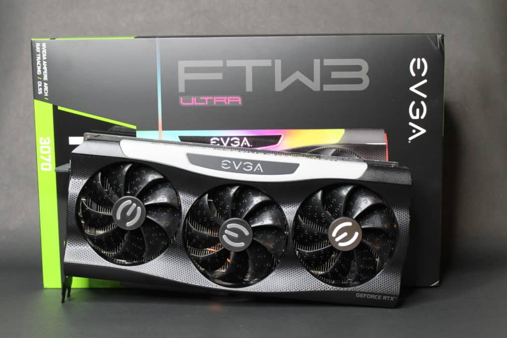 EVGA RTX 3070 FTW ULTRA GAMING  Card on in front of box