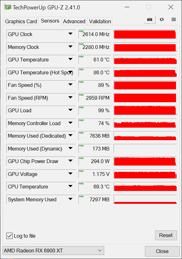 AMD Radeon RX 6900 XT Overclocked GPU-Z Sensors Tab