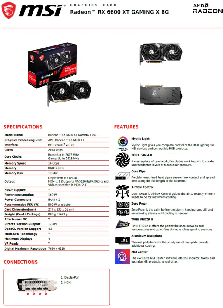 MSI Radeon RX 6600 XT GAMING X Datasheet