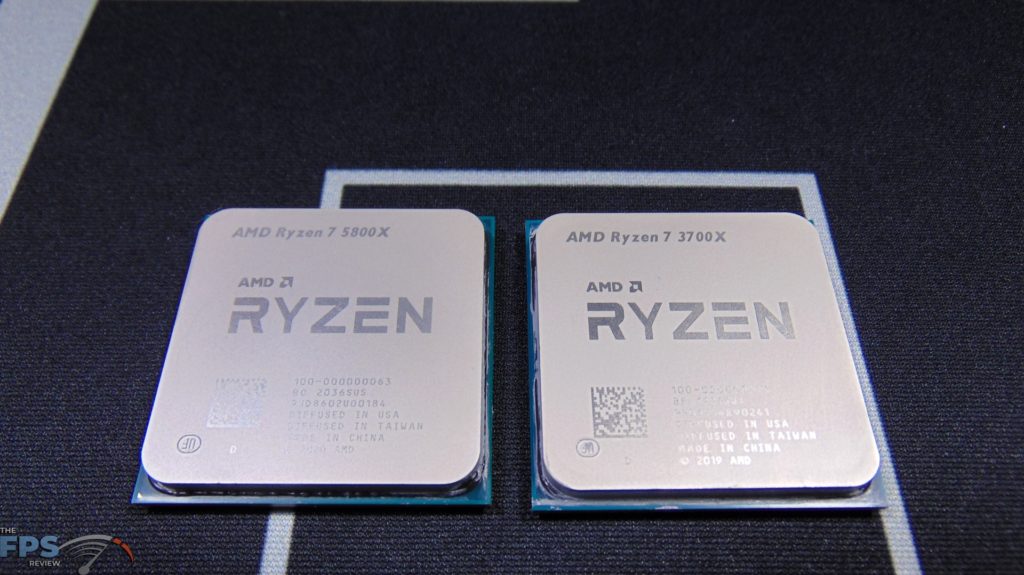 AMD Ryzen 7 3700X CPU side by side with AMD Ryzen 7 5800X CPU Top View