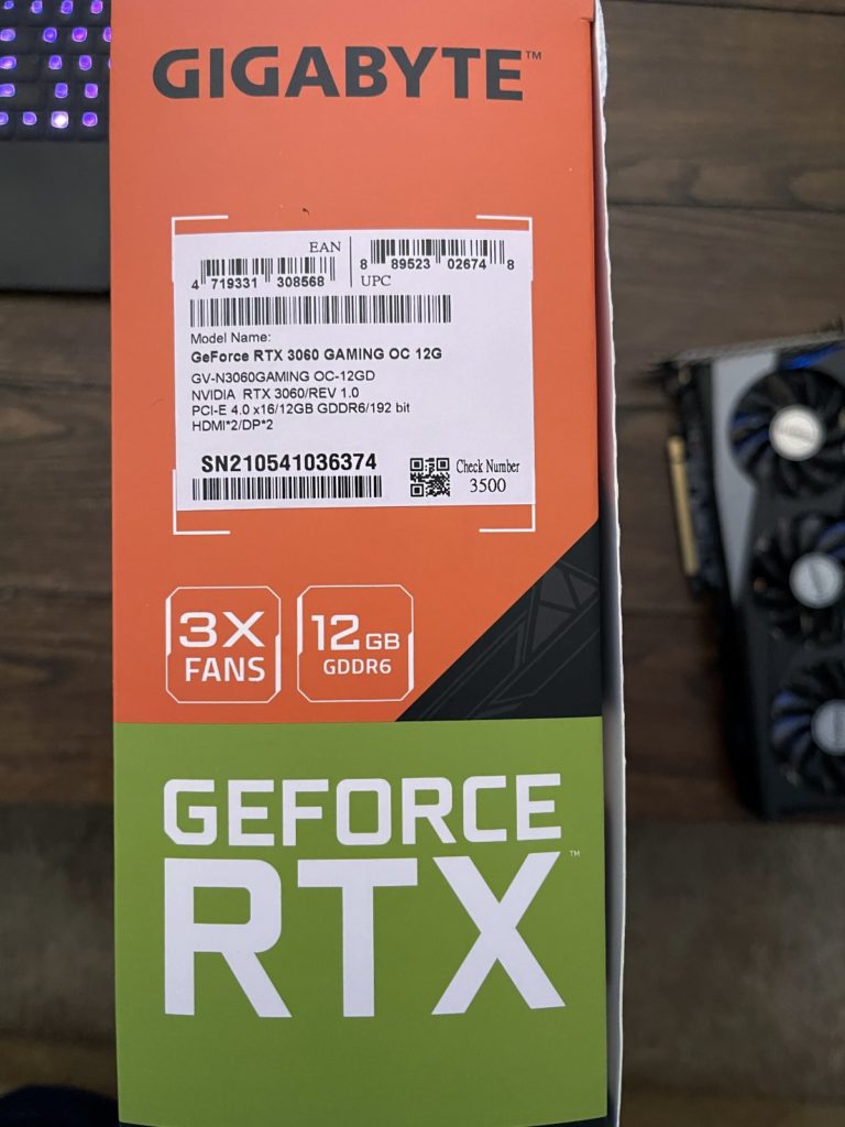 GIGABYTE GeForce RTX 3060 GAMING OC 12G Box Label
