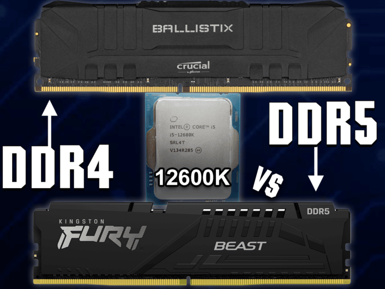 Crucial Ballistix DDR4 RAM over Kingston Fury Beast DDR5 RAM with Intel Core i5-12600K in the middle with DDR4 DDR4 and VS text