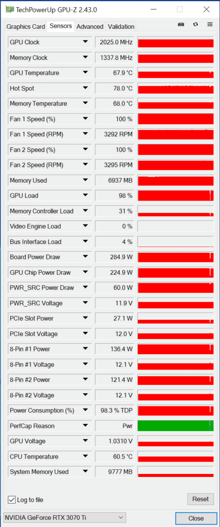 EVGA GeForce RTX 3070 Ti XC3 ULTRA GAMING GPUz system health monitor results while overclocked
