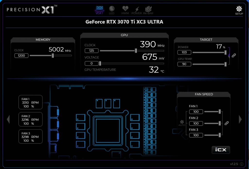 EVGA GeForce RTX 3070 Ti XC3 ULTRA GAMING Precision X1 overclocked settings