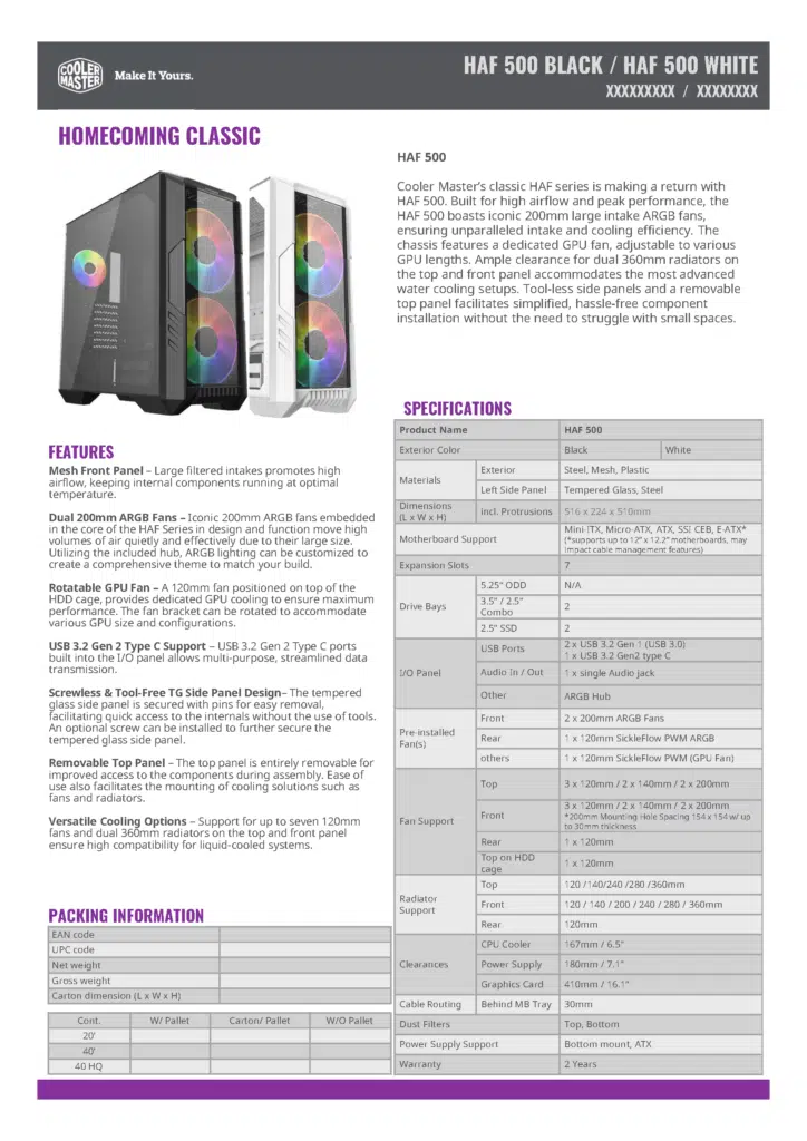 Cooler Master HAF 500 Case Product Sheet