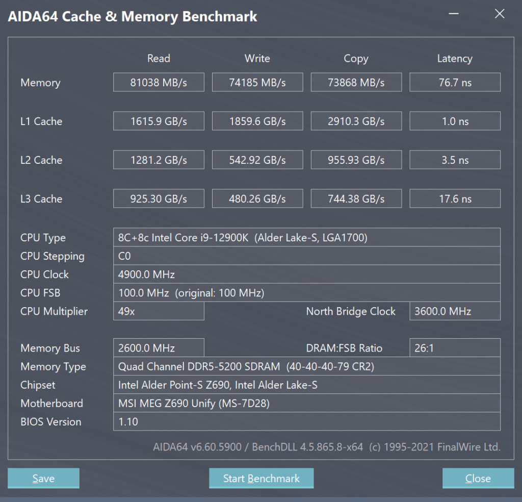 Intel Core i9-12900K CPU AIDA64 Cache & Memory Benchmark Screenshot