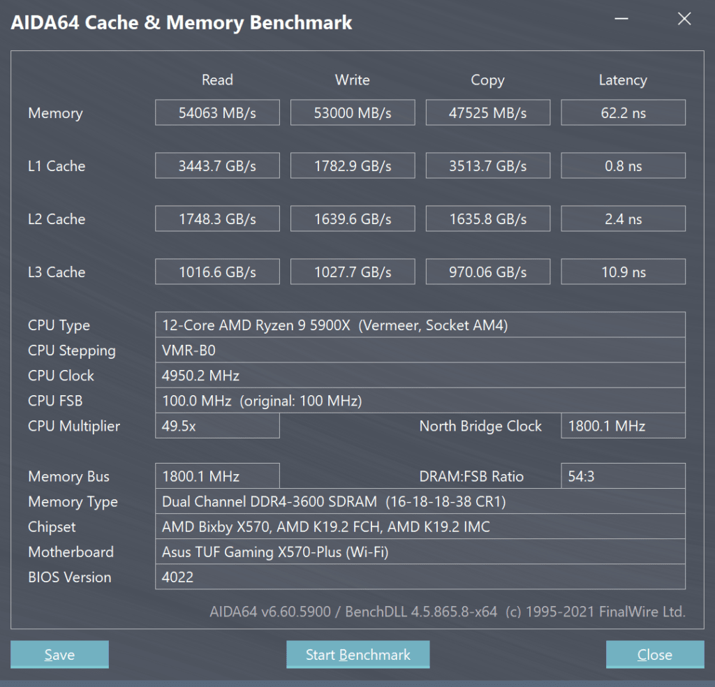 AMD Ryzen 9 5900X CPU AIDA64 Cache & Memory Benchmark Screenshot
