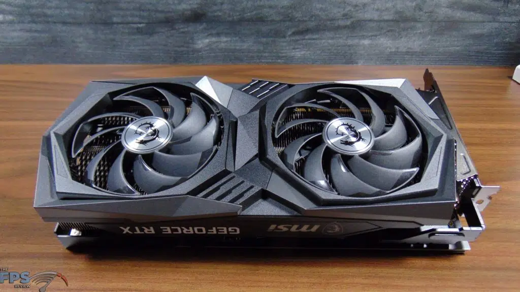 MSI GeForce RTX 3050 GAMING X Video Card Laying On Table Top View Upside Down