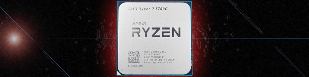 AMD Ryzen 7 5700G APU top view on a black and red background