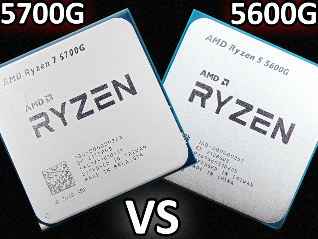 AMD Ryzen 7 5700G tilted on the left and AMD Ryzen 5 5600G tilted on the right with the text "vs" between them on a textured black background