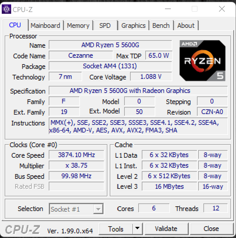 AMD Ryzen 5 5600G CPUz Screenshot