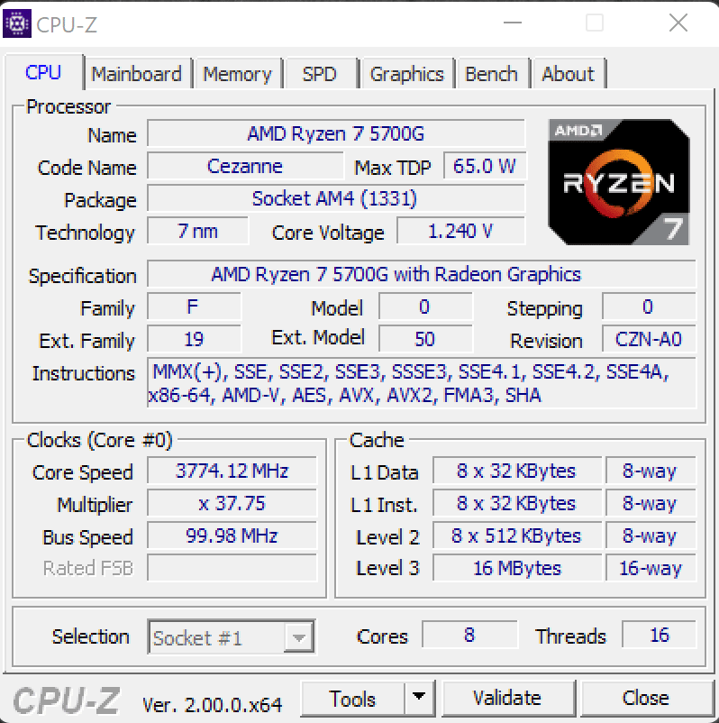AMD Ryzen 7 5700G CPUz Screenshot
