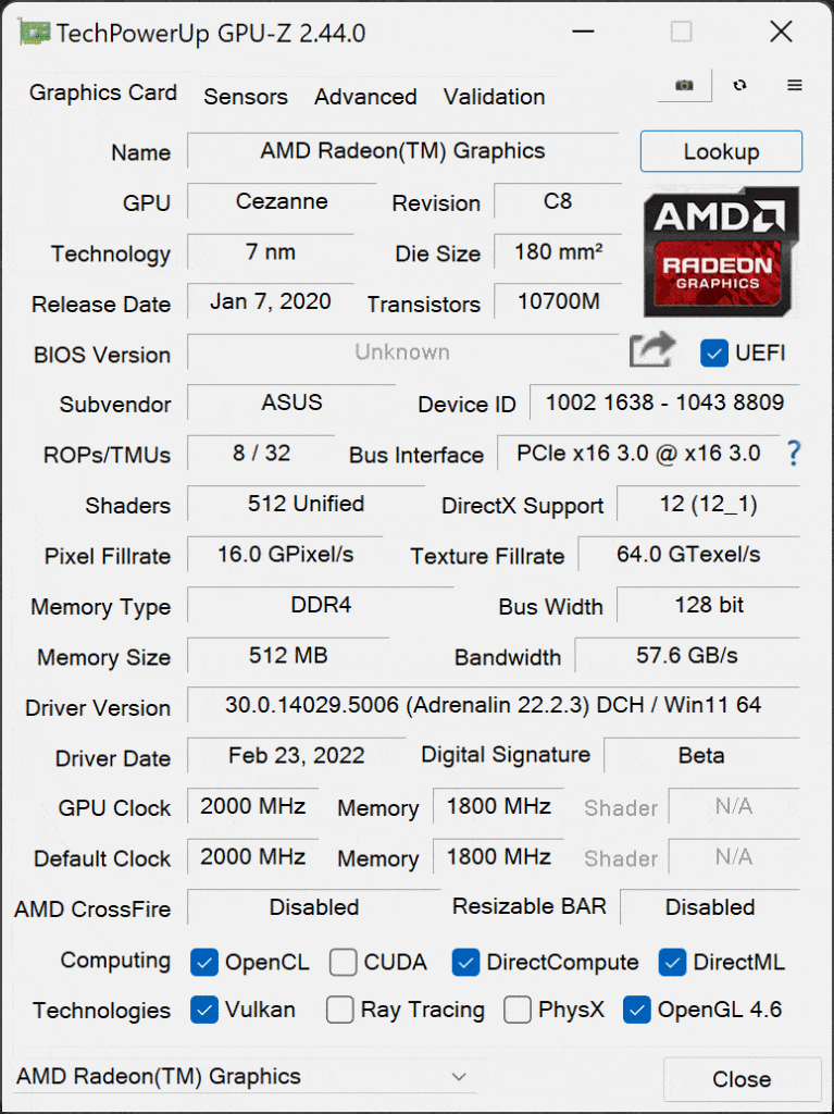 AMD Ryzen 7 5700G with Vega 8 Graphics GPUz Screenshot