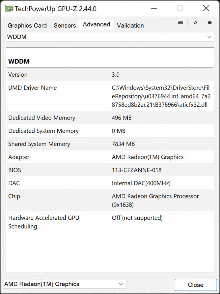 AMD Ryzen 7 5700G with Vega 8 Graphics GPUz WDDM Screenshot
