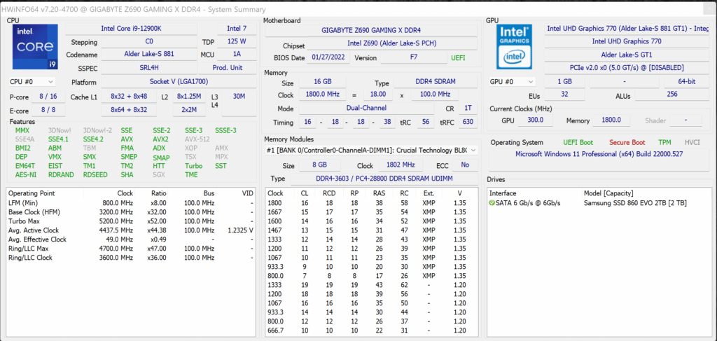 Intel Core i9-12900K Intel UHD Graphics 770 HWiNFO64 Summary Screenshot