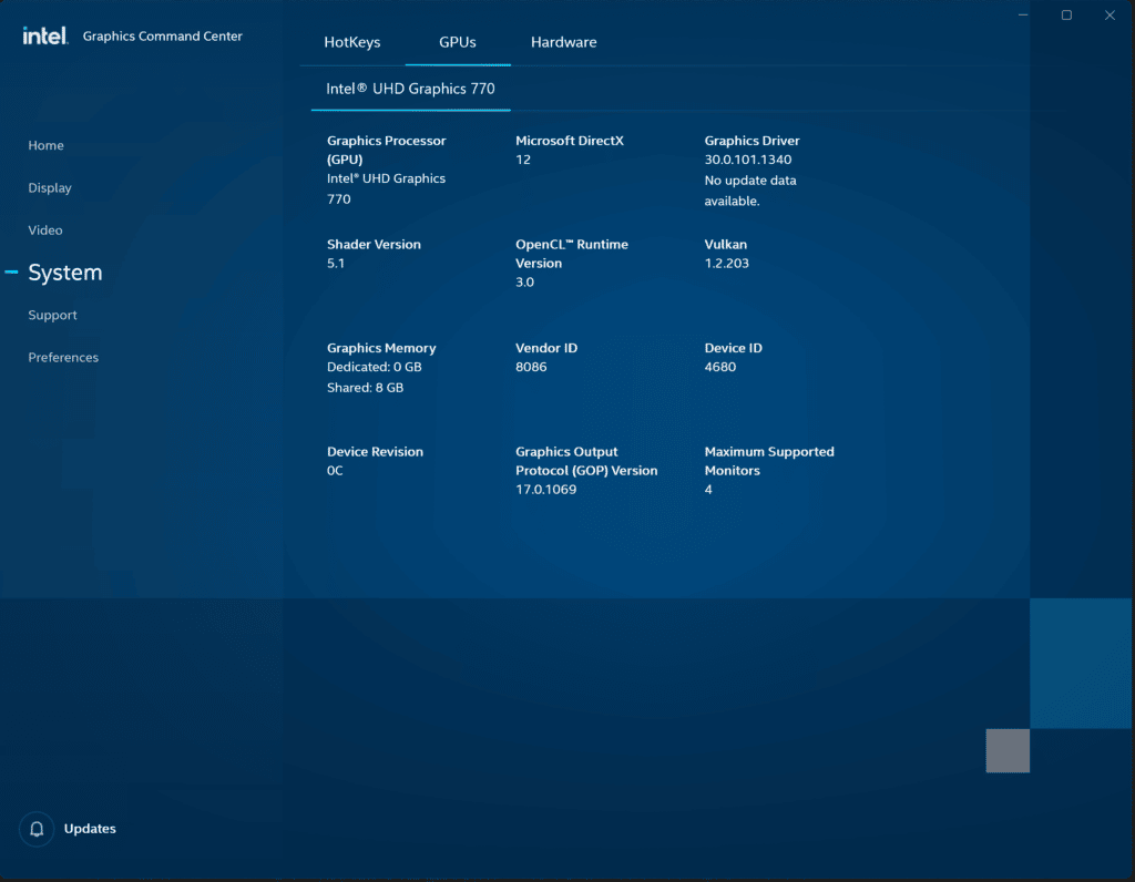 Intel UHD Graphics 770 Intel Command Center Screenshot