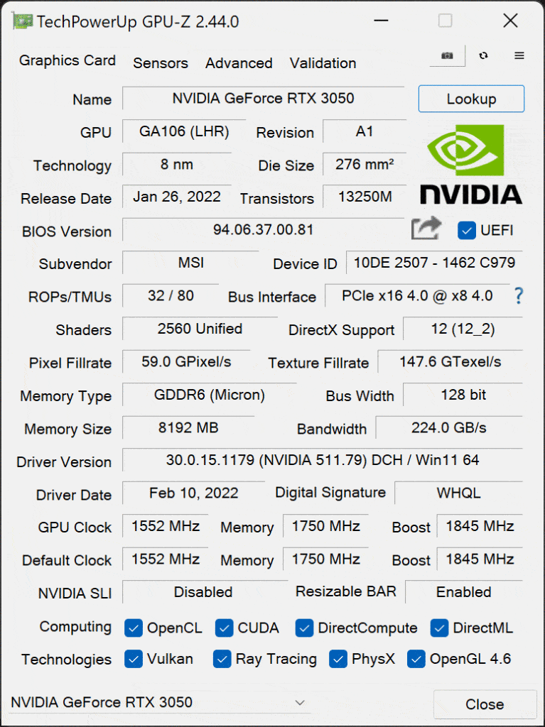 MSI GeForce RTX 3050 GAMING X Video Card Review GPU-Z Default Screenshot