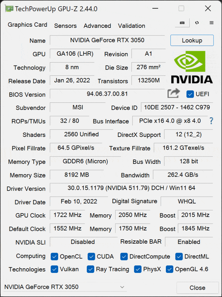 MSI GeForce RTX 3050 GAMING X Video Card Review GPU-Z Overclocked Screenshot