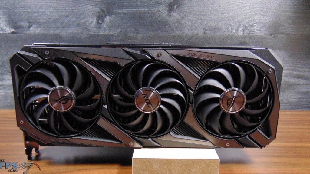 ASUS ROG STRIX GeForce RTX 3080 Ti O12G GAMING video card front view sitting on desk